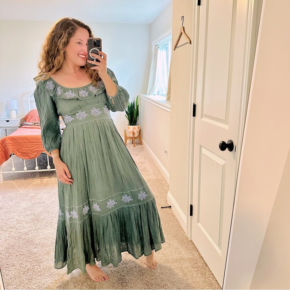 Free People Green Blue Cotton Gauze Floral Embroidered Maxi Dress Small